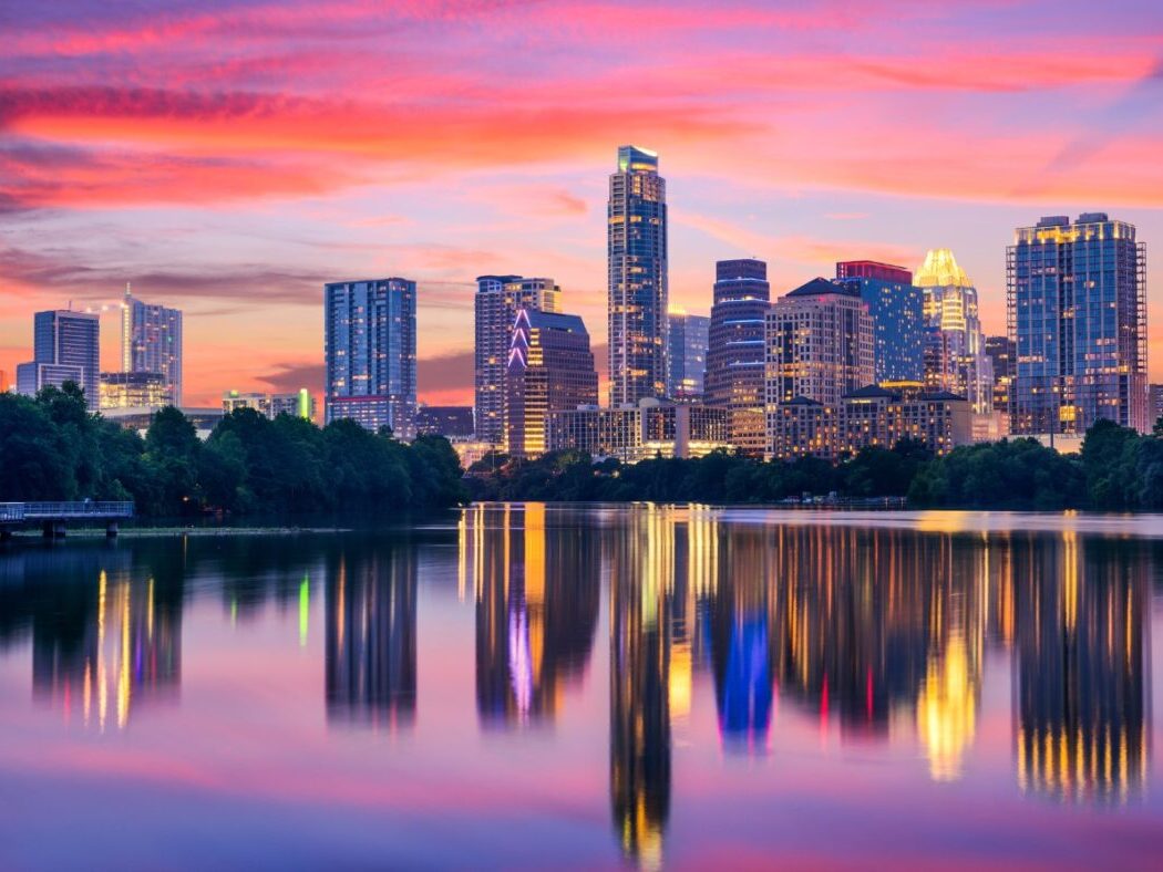 Austin skyline at sunset with pink shades