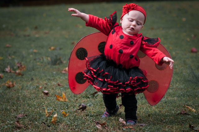 A young toddler girl in a ladybug costume.