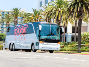 A charter bus with palm trees in the background for GOGO Charters