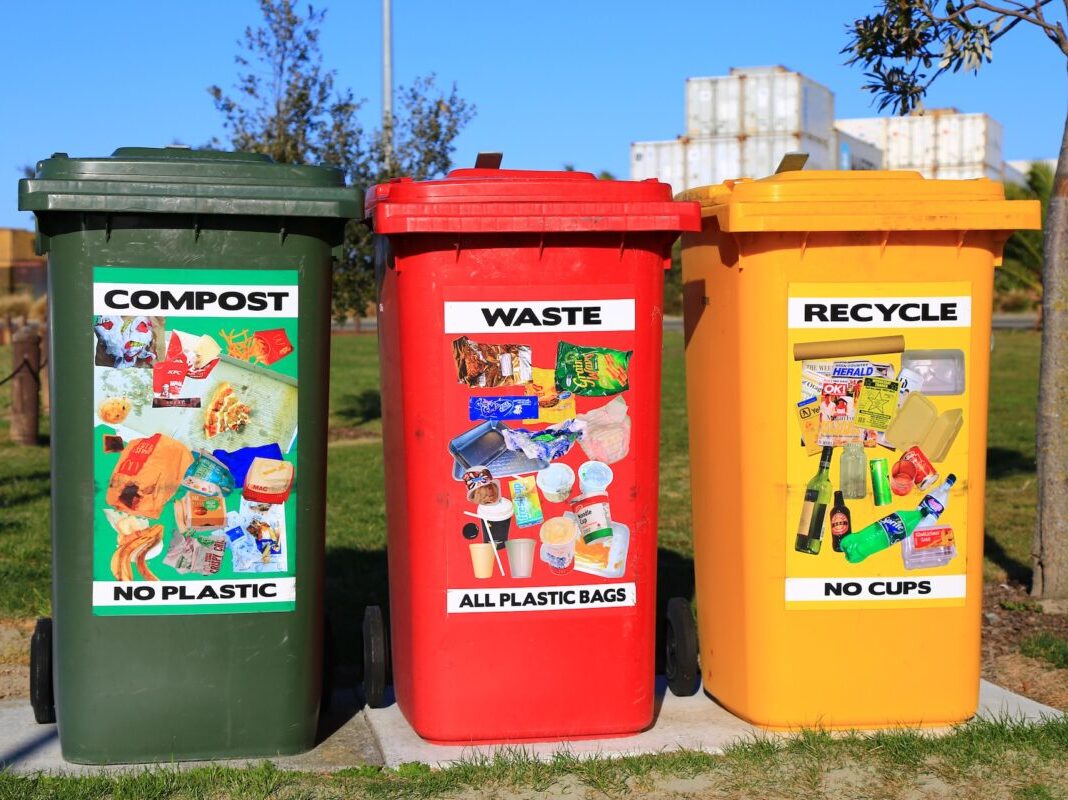 green, red, and yellow bins for compost, trash, and recycle