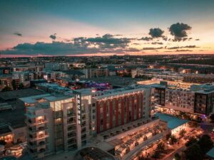 Aerial view of buildings in Austin for article Austin's Domain NORTHSIDE for newcomers moving to Austin.