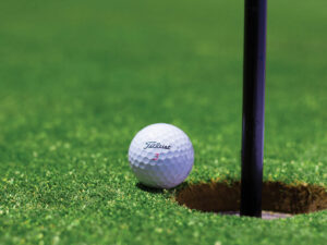 titleist golf ball next to the pin on a green putting green