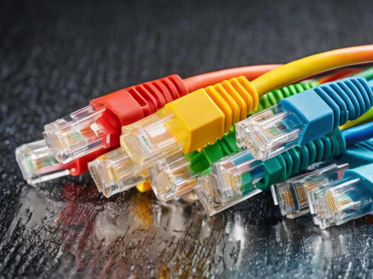 Colorful networking cables on a table.