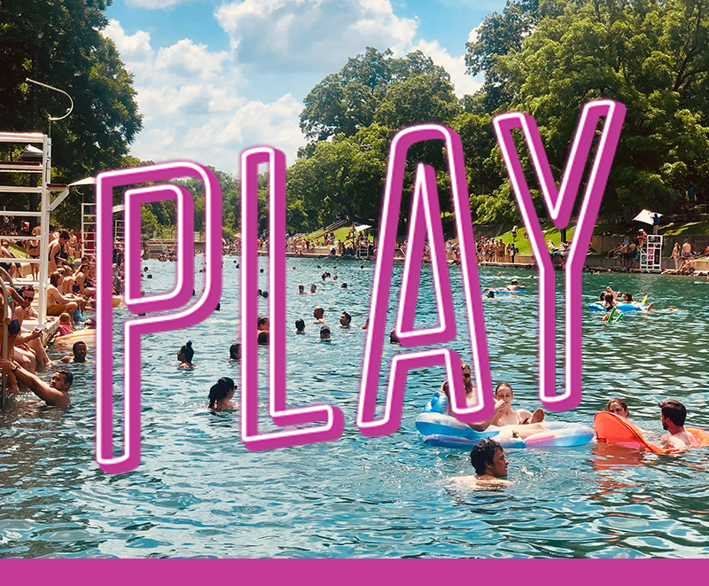 Department Image: PLAY. People enjoying Barton Springs on a summer day.