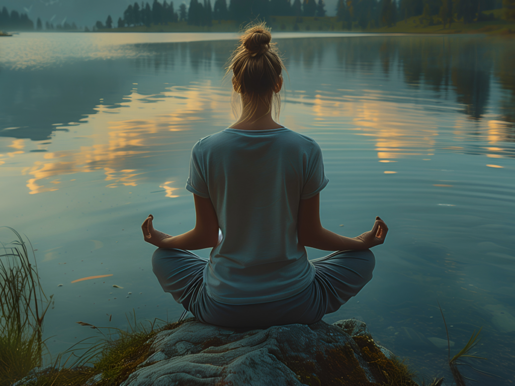 Woman in lotus position sitting on rock with back to us, looking out on water.