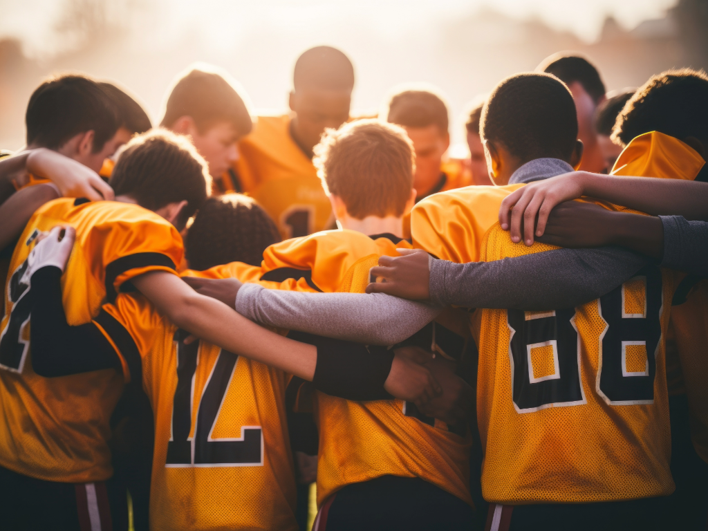 High School football team in a huddle. For the article on High Schools for Athletes.