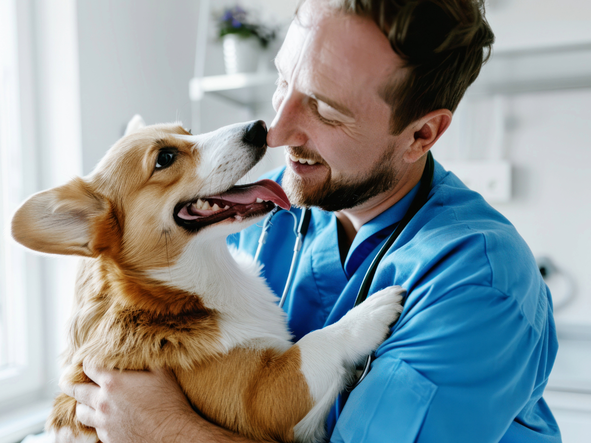 Veterinary doctor holding tan and white dog that is smiling for article Discover Austins Top 20 Veterinary Clinics moving to Austin.