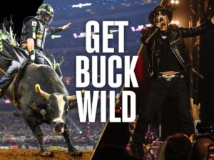 Bull rider at rodeo on one side, and kid rock performing on the right side for article Ride North for the 2025 PBR World Finals for newcomers moving to Austin.