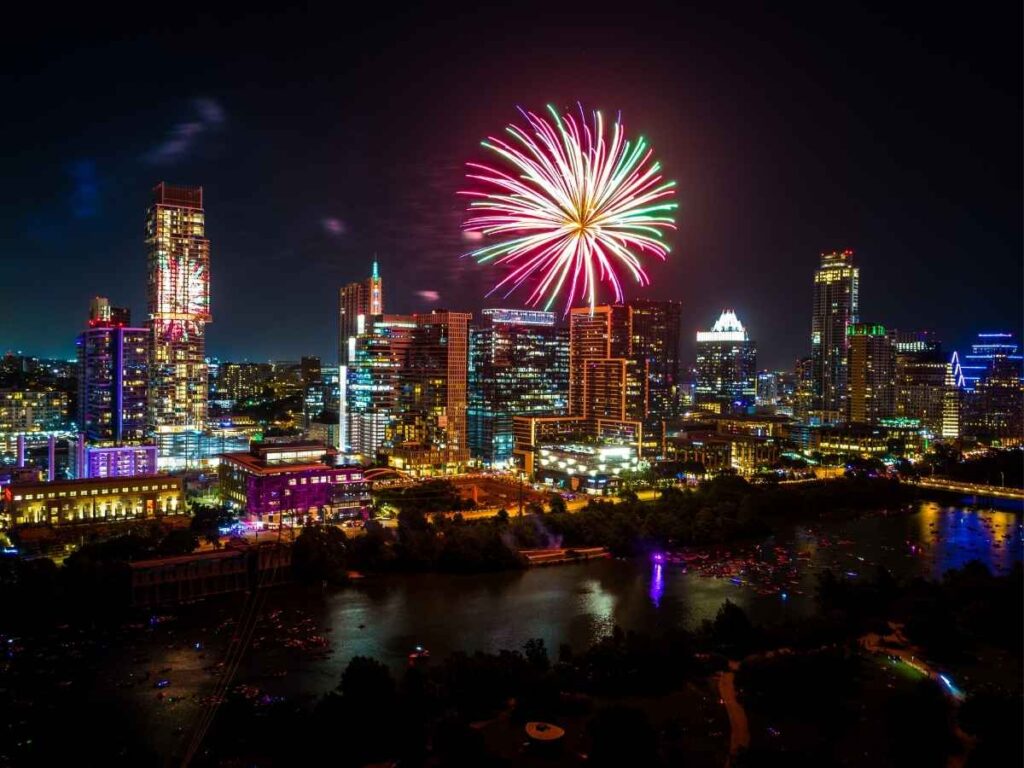 Fireworks over downtown Austin for article Where to Watch 4th of July Fireworks in Austin for newcomers moving to Austin.
